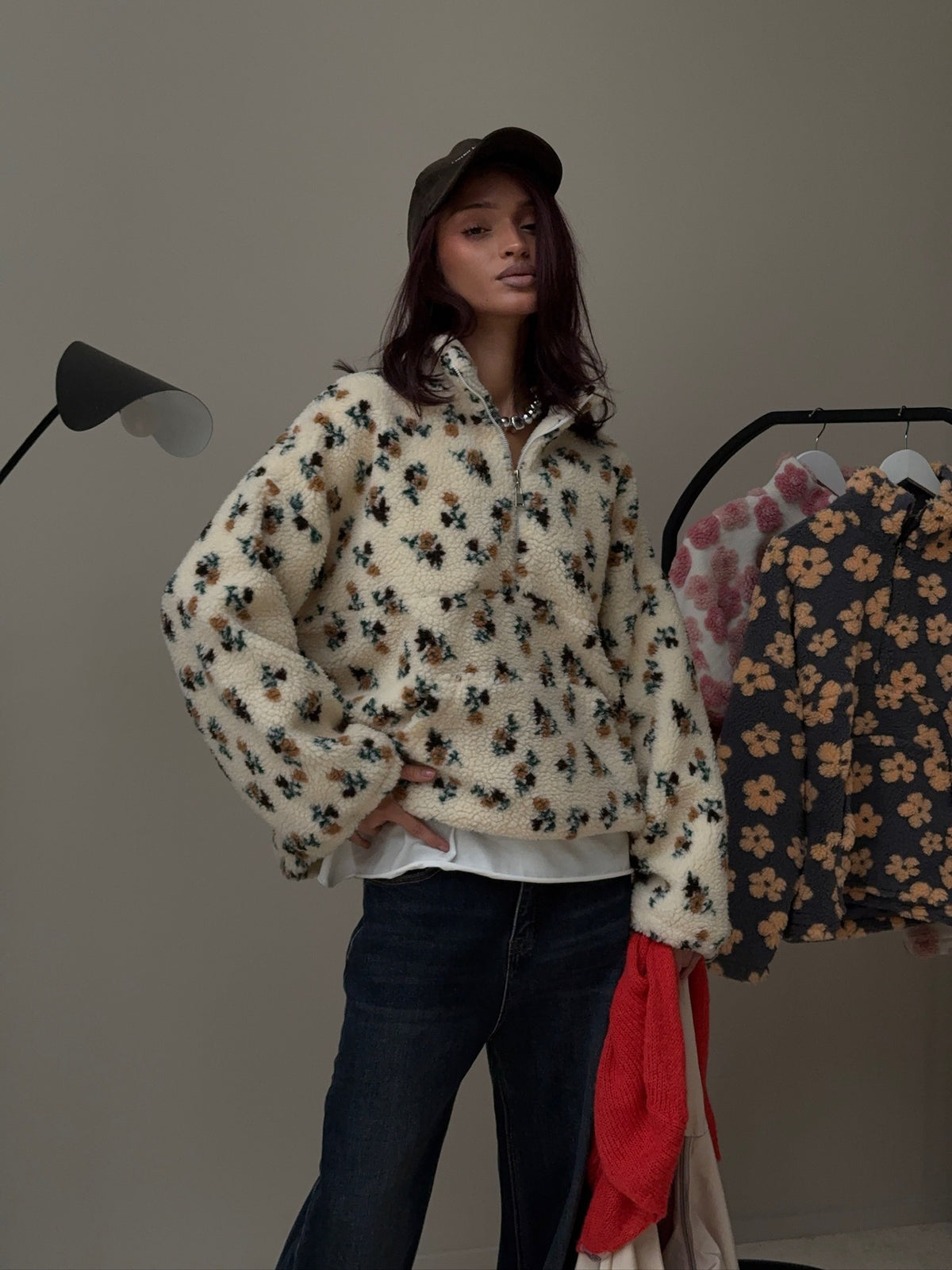 Floral Fleece Half-Zip Pullover Sweatshirt in Cream Ditsy Floral — on model with jeans