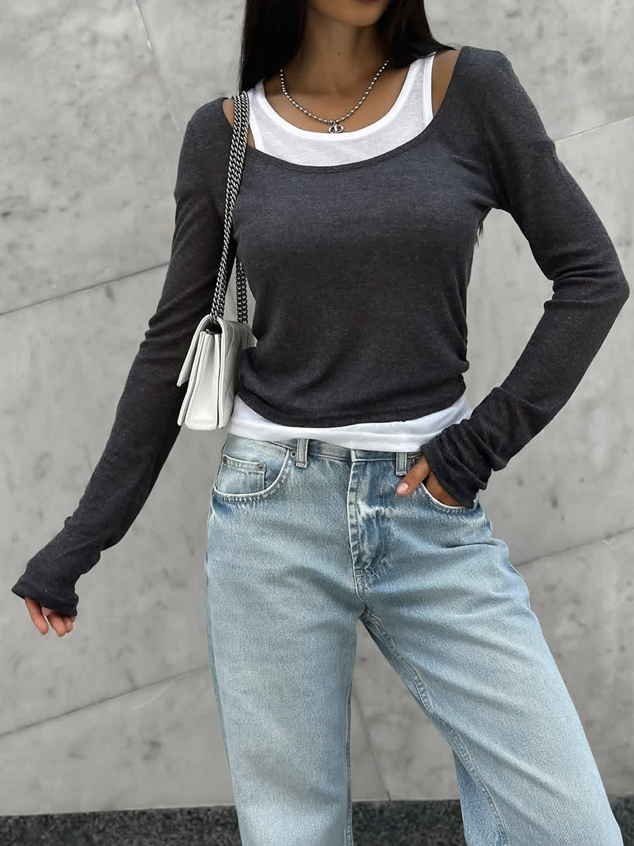 Layered-Look Scoop Neck Long-Sleeve Top in Charcoal — front view on model with jeans