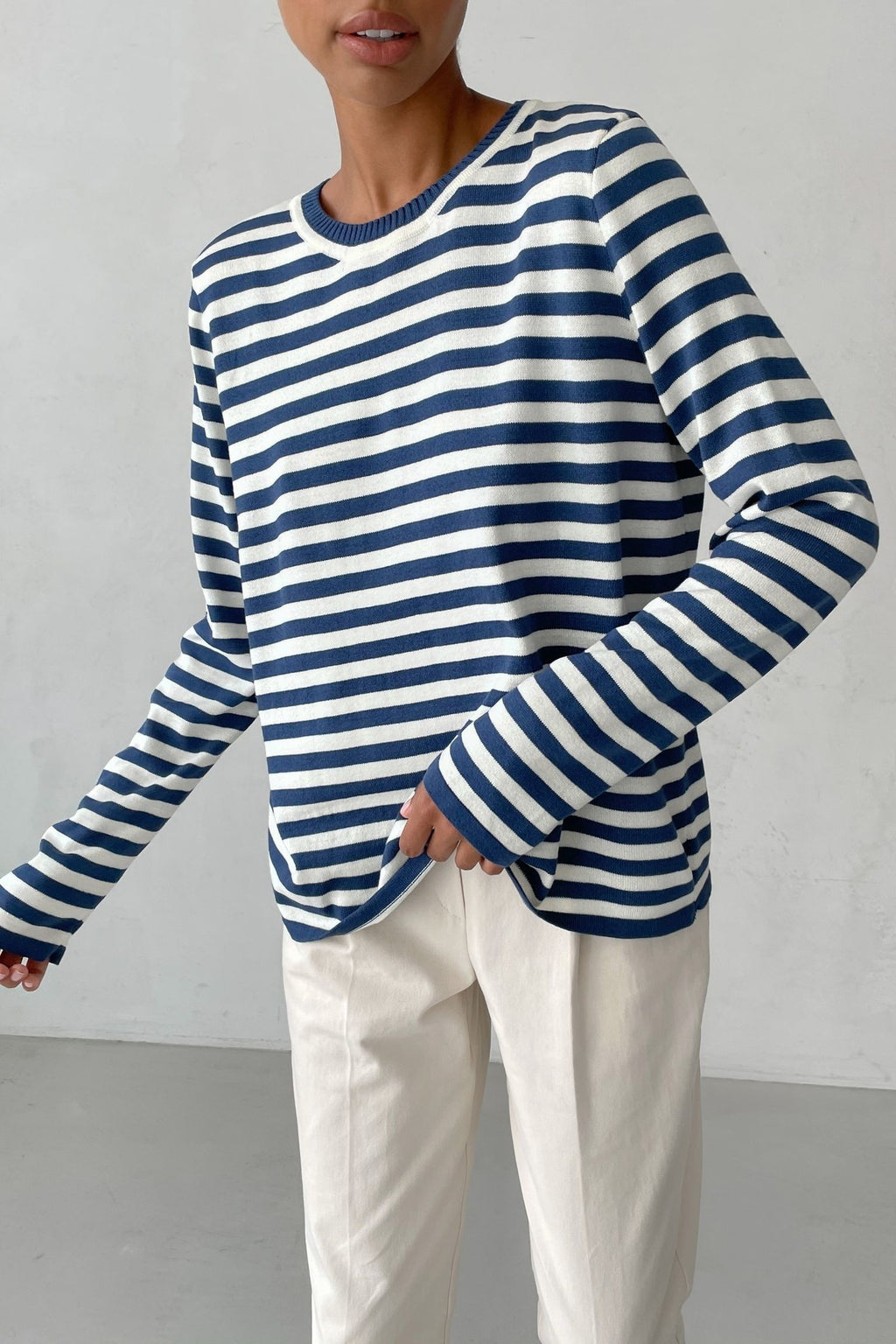 Relaxed Striped Crew Neck Sweater in Blue Stripe — on model