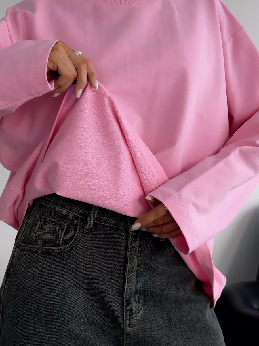 Oversized Cotton Long Sleeve Crew Neck Tee in Pink — hem detail