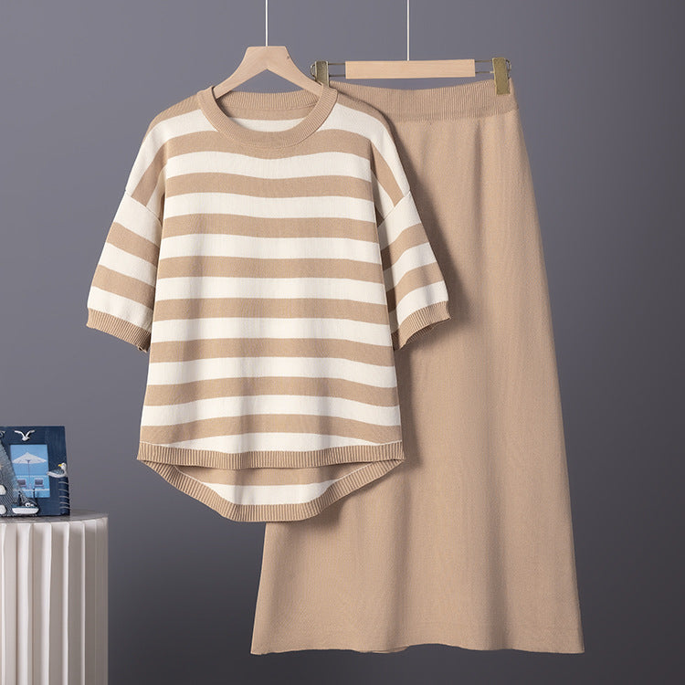 Striped Knit Top and Midi Skirt Set in Camel — hanging front view