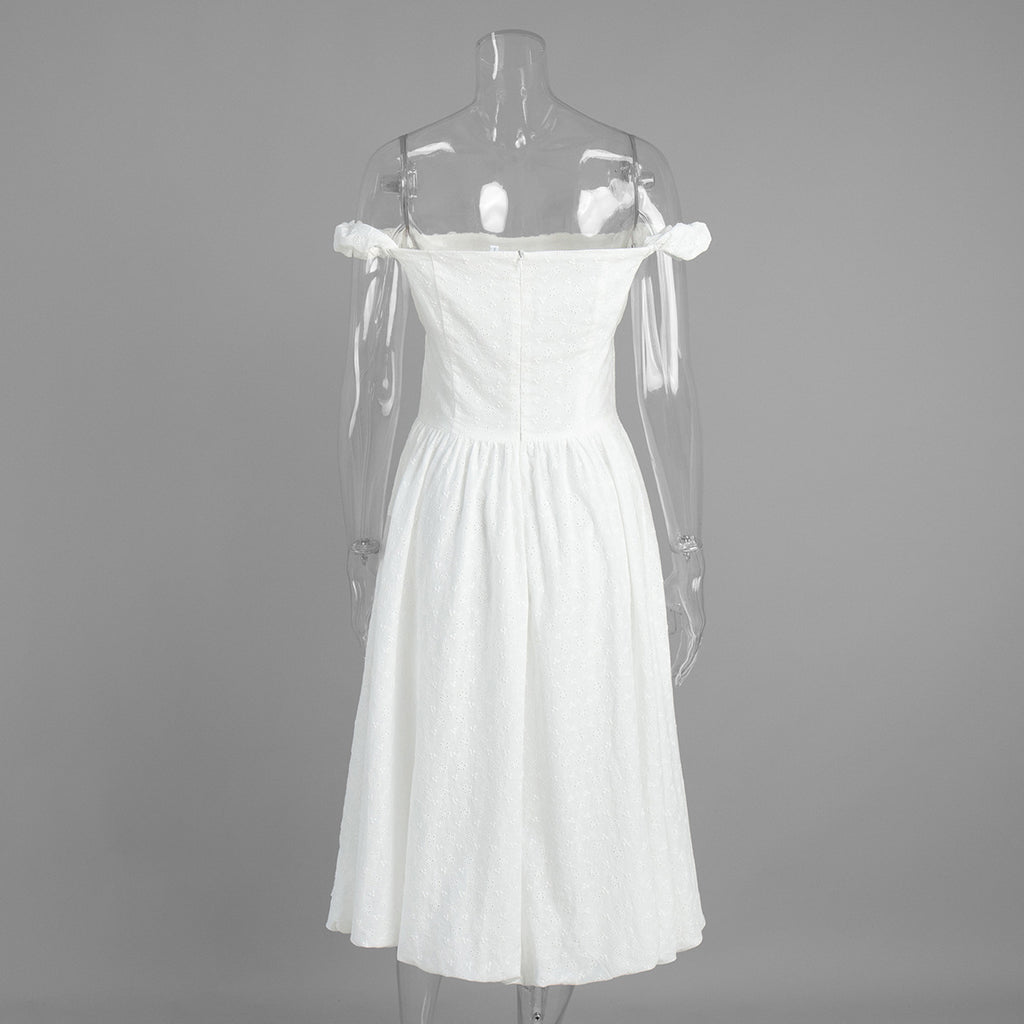 Eyelet Cotton Off-Shoulder Midi Dress in Ivory Eyelet — back on mannequin