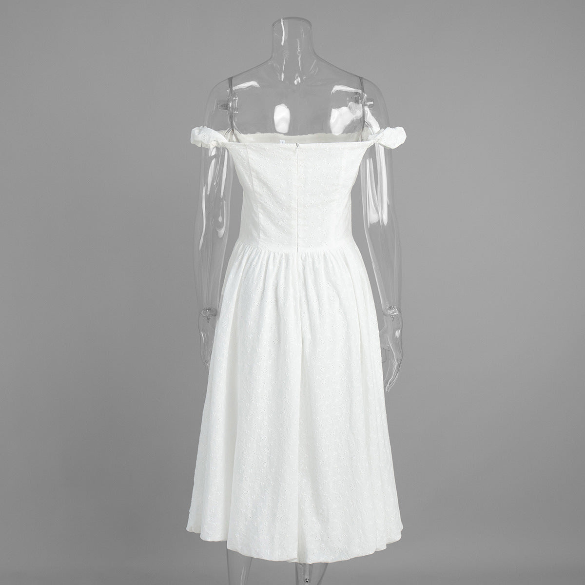 Eyelet Cotton Off-Shoulder Midi Dress in Ivory Eyelet — back on mannequin