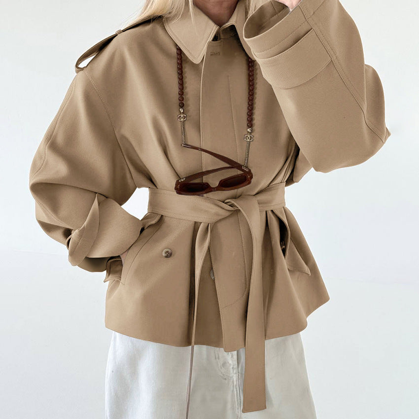 Belted Twill Utility Jacket with Epaulettes in Tan — front view on model, belted