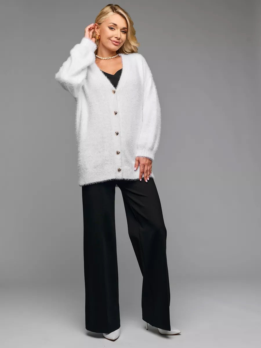 Fuzzy V-Neck Cardigan with Heart Buttons in White — full-length view on model