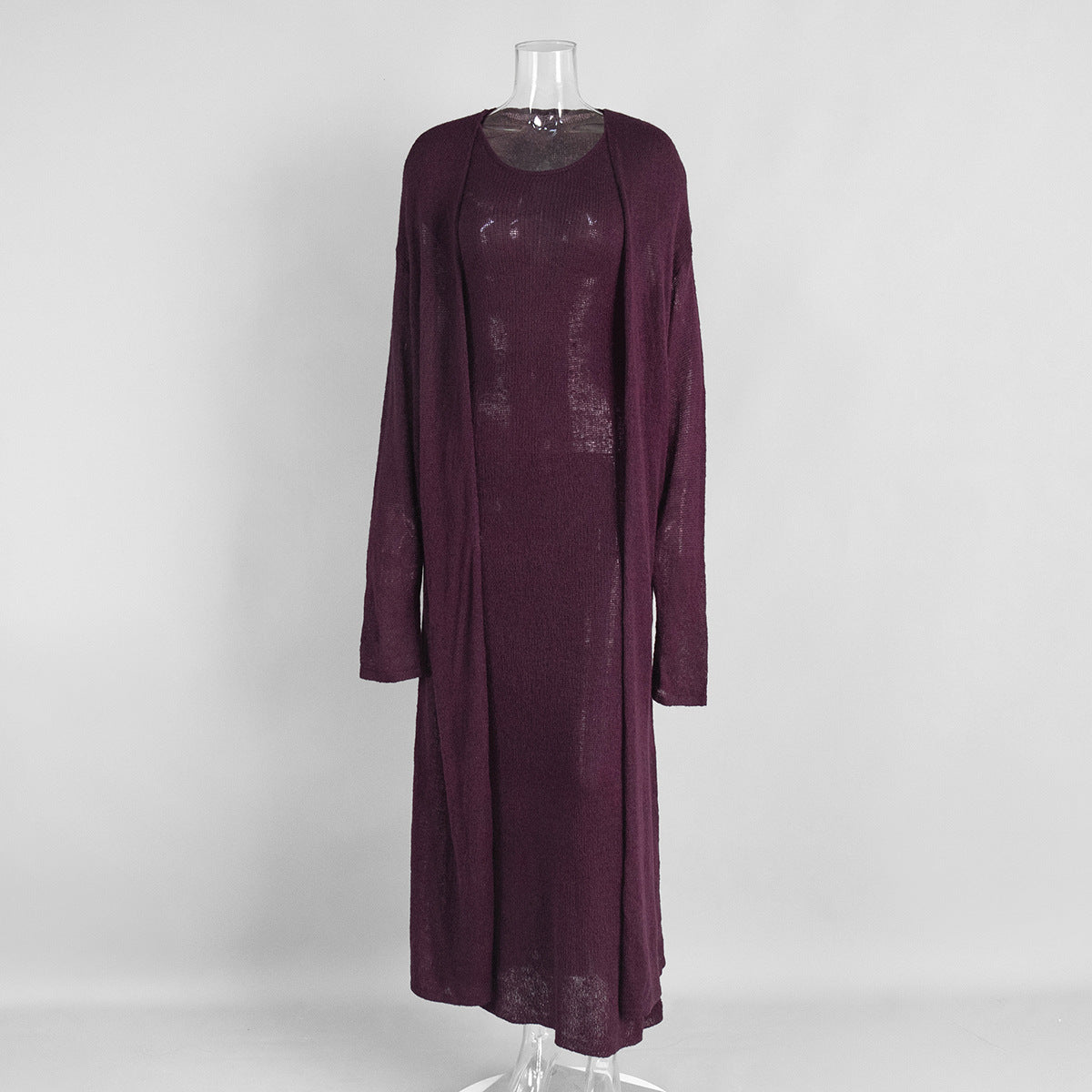 Airy Knit Long Cardigan & Sleeveless Maxi Dress Set in Plum — set front view