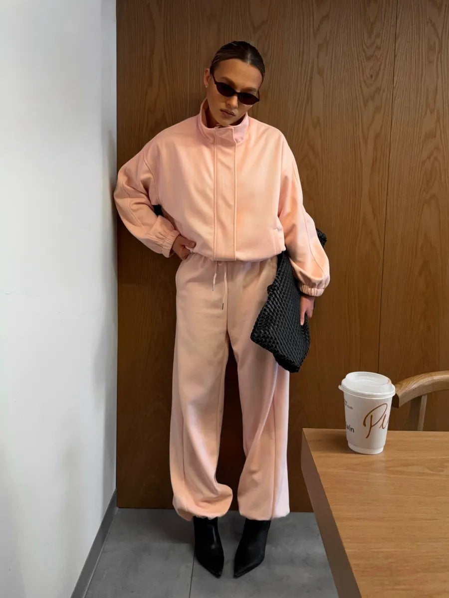 Cotton-Blend Stand-Collar Zip Jacket and Wide-Leg Pants Set in Blush Pink — full-length view on model, zipped up