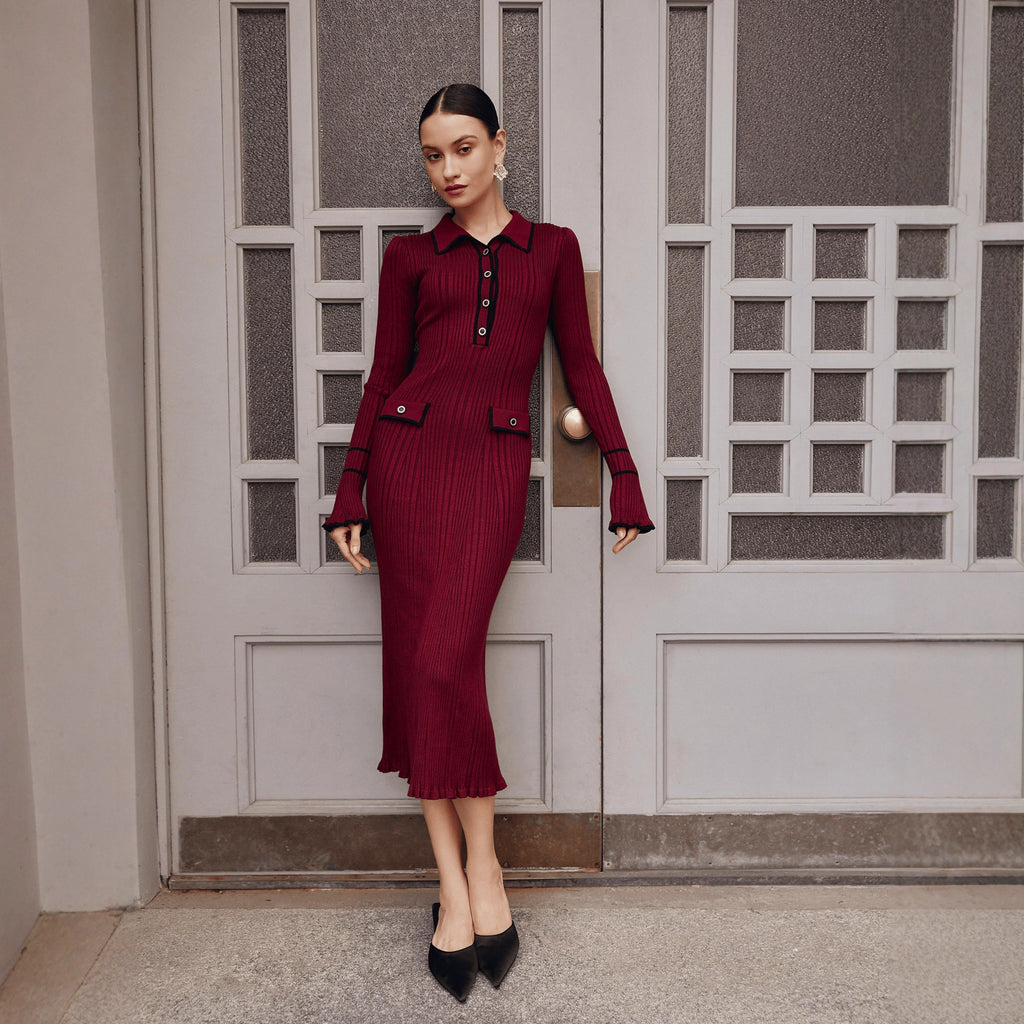 Contrast-Trim Collared Ribbed Midi Dress in Burgundy — full-length front view on model