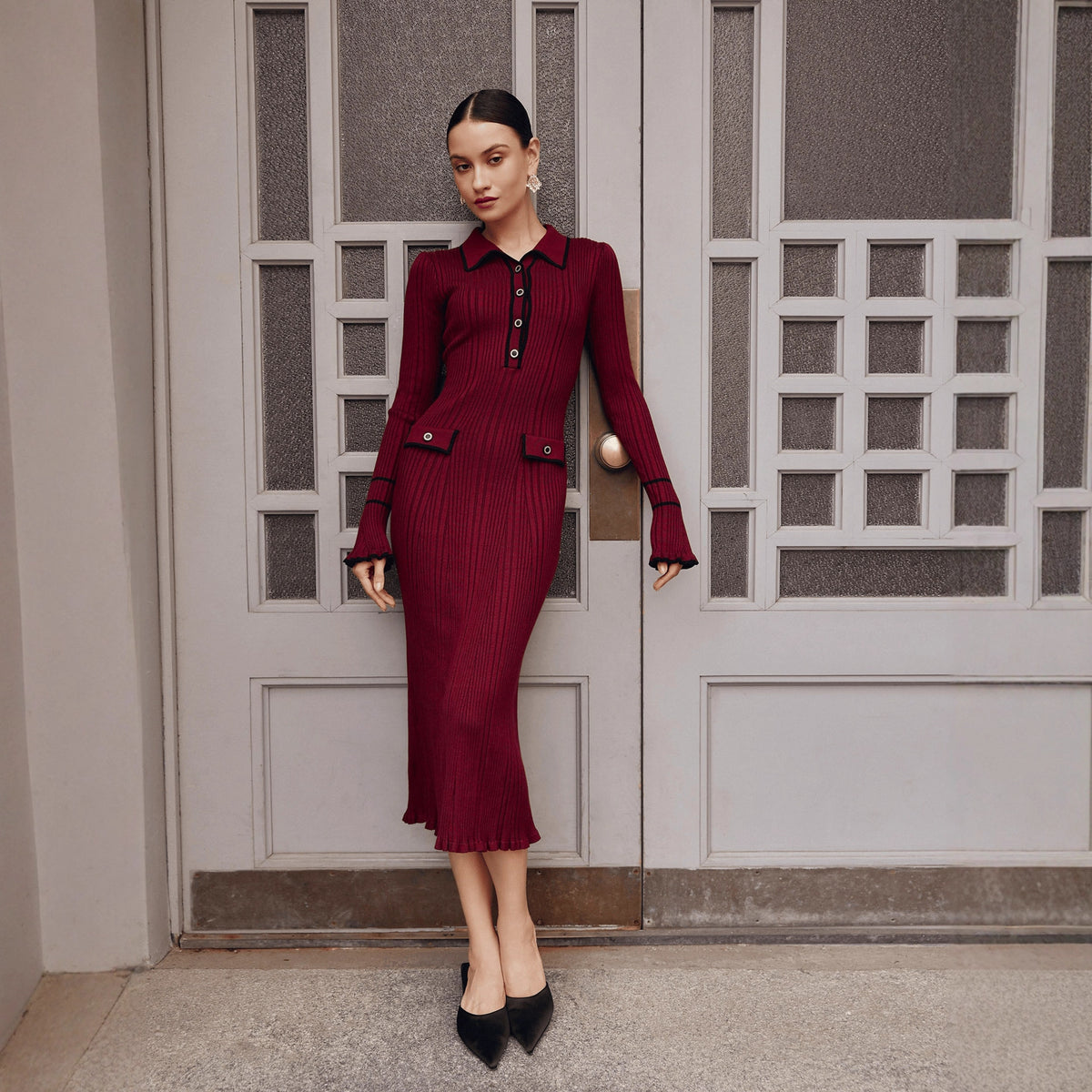 Contrast-Trim Collared Ribbed Midi Dress in Burgundy — full-length front view on model