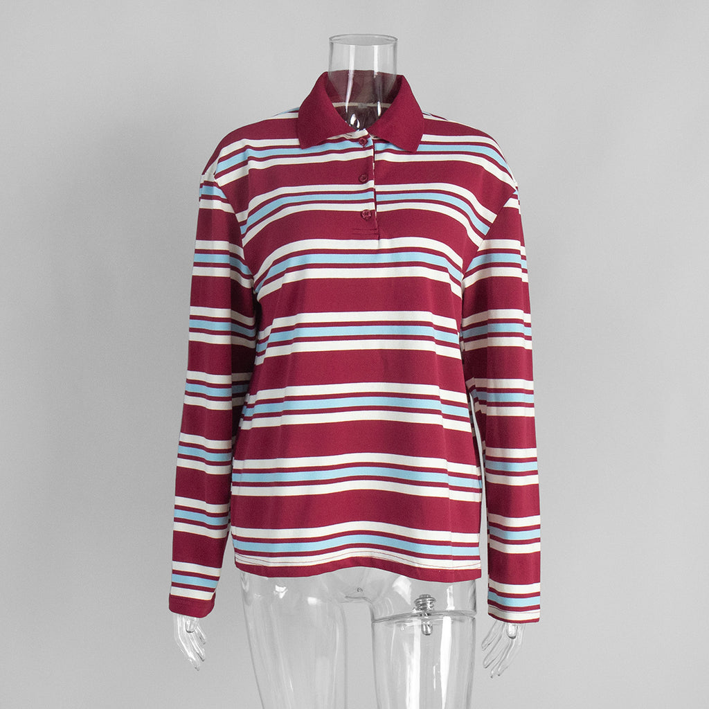 Relaxed Striped Long Sleeve Polo Shirt in Red Stripe — front view