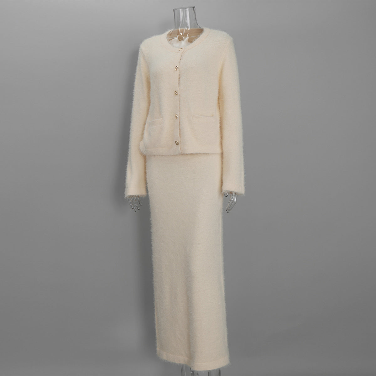 Fuzzy Knit Button Cardigan & Maxi Skirt Set in Cream — set on mannequin, front view