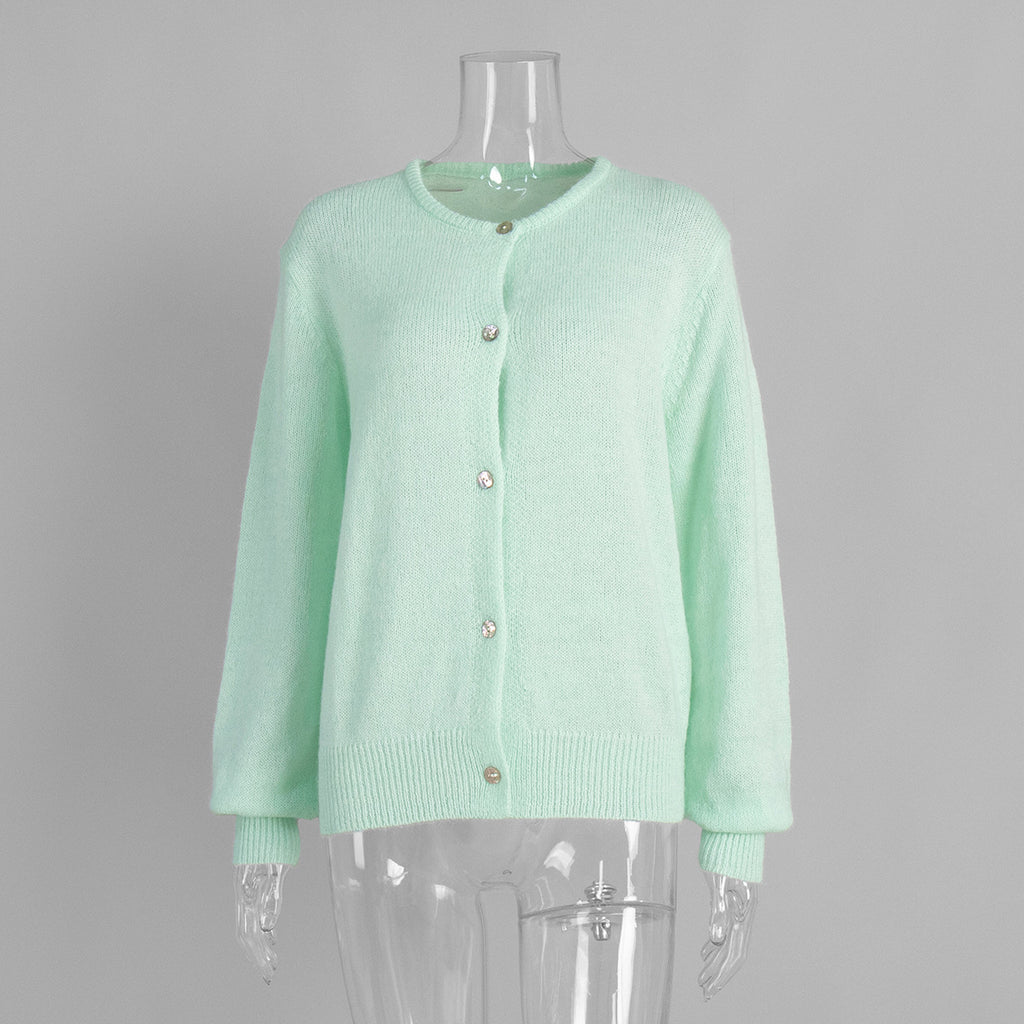 Soft Fuzzy Crew Neck Button Cardigan in Mint — front view