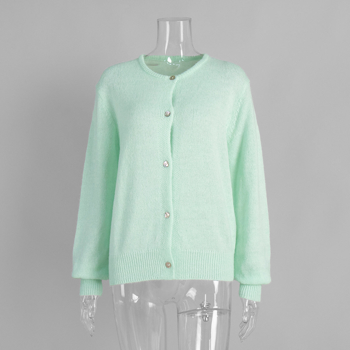 Soft Fuzzy Crew Neck Button Cardigan in Mint — front view