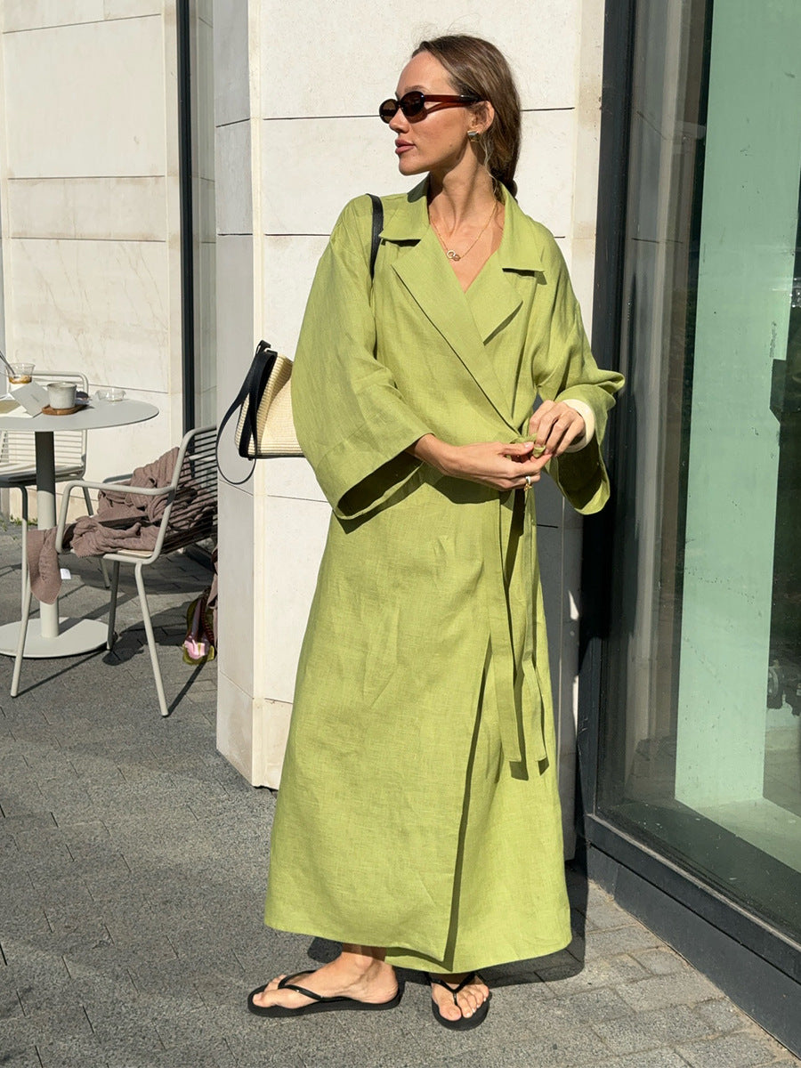 Linen-Blend Long Wrap Duster Dress in Lime Green — walking view on model