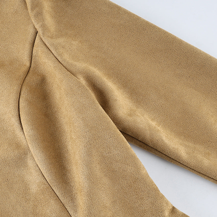 Fitted Faux Suede Zip Jacket with Peplum Hem in Camel — close-up of the waist seams