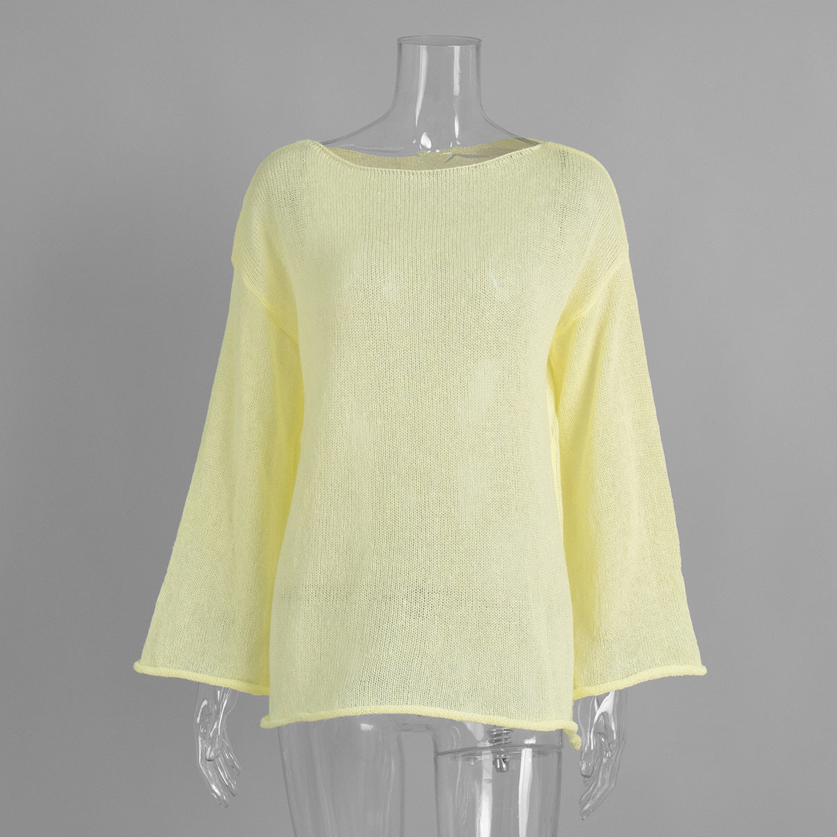 Sheer Open-Knit Bell Sleeve Sweater in Butter Yellow — front view on mannequin