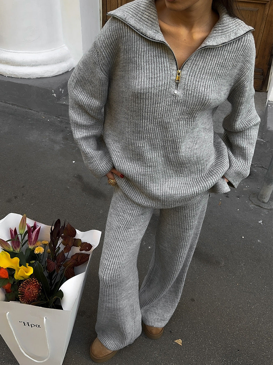 Half-Zip Polo Knit Sweater & Wide-Leg Pants Set in Heather Gray — close-up of the half-zip collar on model