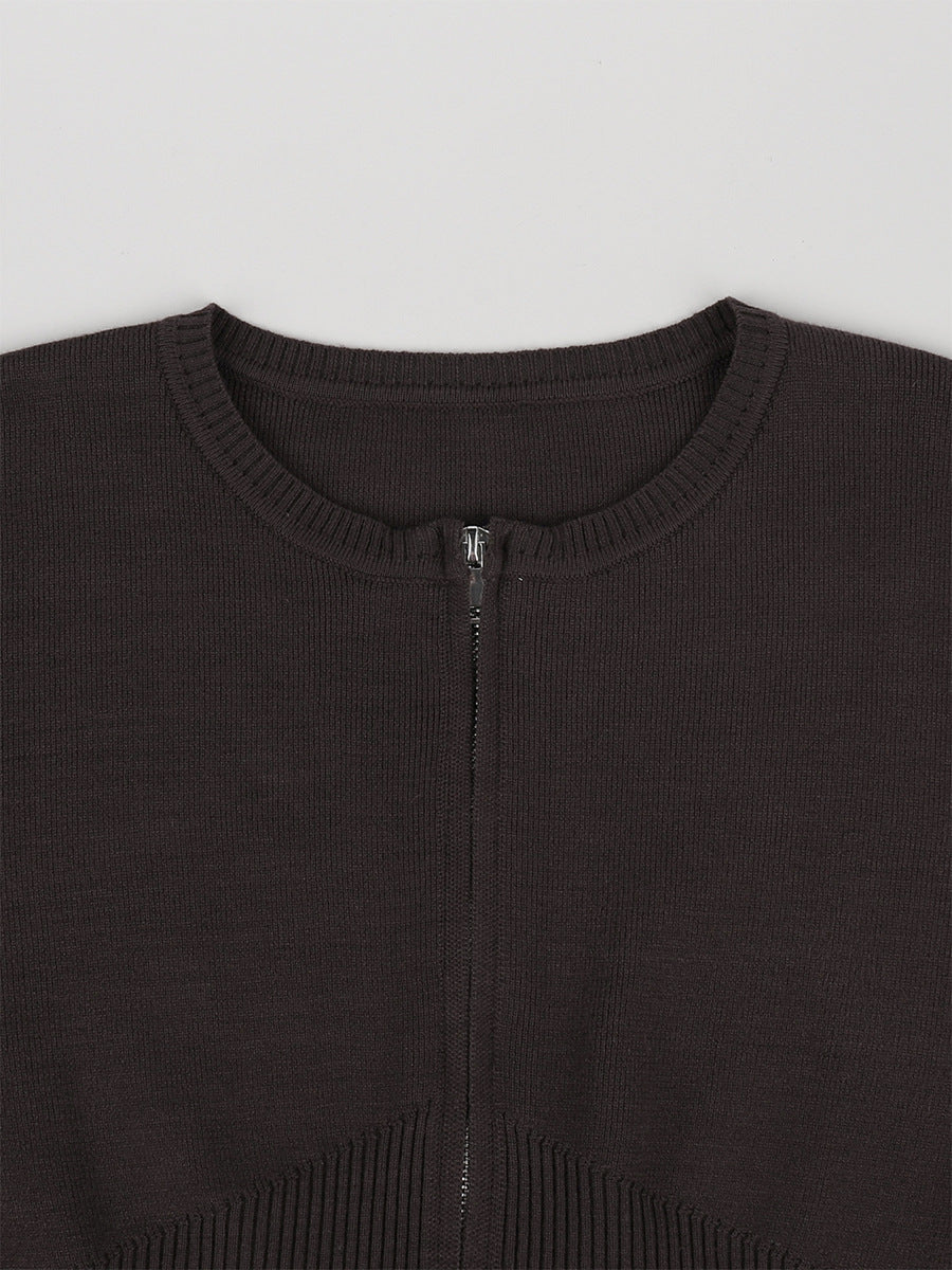 Zip-Front Balloon-Sleeve Knit Top & Drawstring Wide-Leg Pants Set in Chocolate — close-up of the crew neck and zipper