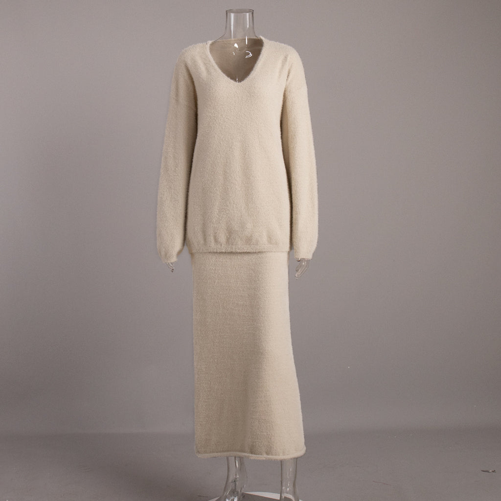 Soft Fuzzy V-Neck Sweater & Knit Maxi Skirt Set in Oat — set front view