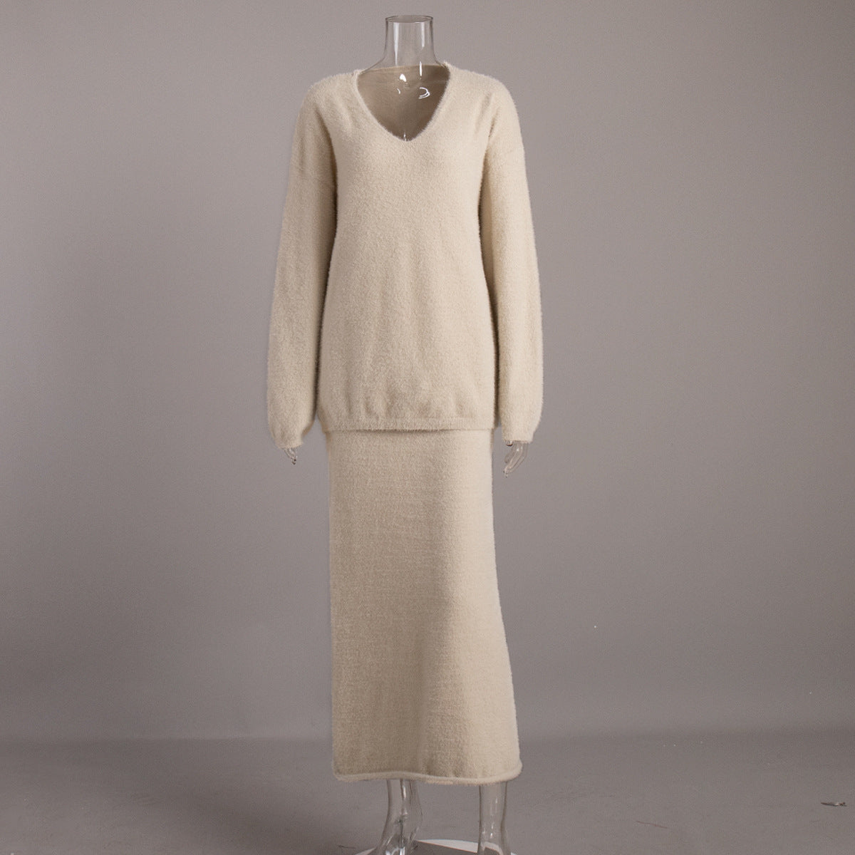 Soft Fuzzy V-Neck Sweater & Knit Maxi Skirt Set in Oat — set front view