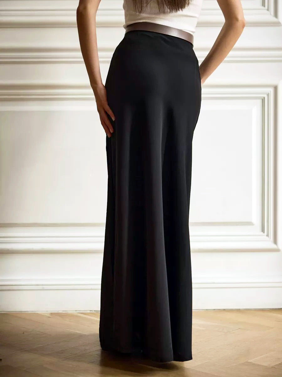 Satin Fishtail Maxi Skirt in Black — on model