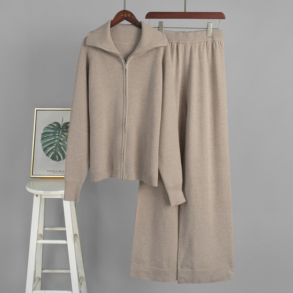Wide-Collar Zip-Up Knit Cardigan & Wide-Leg Pants Set in Oat — set on hanger