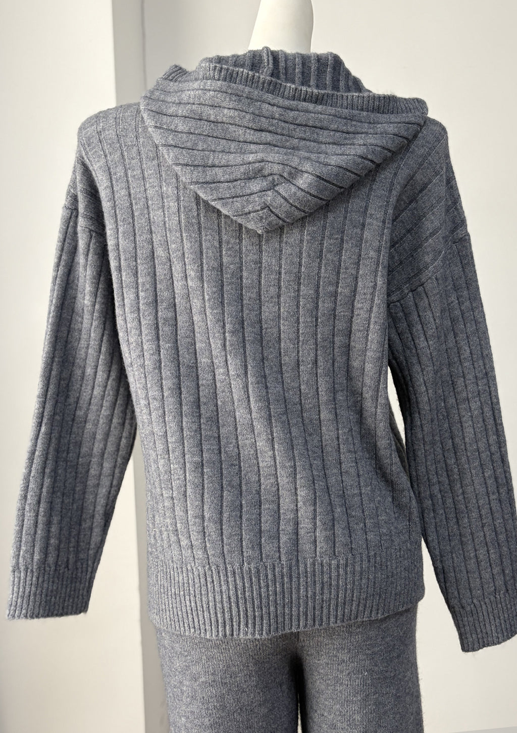 Ribbed Hooded Zip Top and Wide-Leg Pants Set in Gray — hood back detail