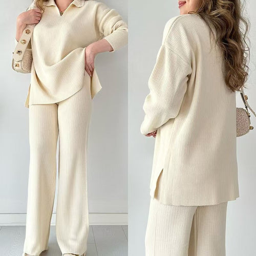 Asymmetric Hem Knit Top and Wide-Leg Pants Set in Ivory — front view on model or garment