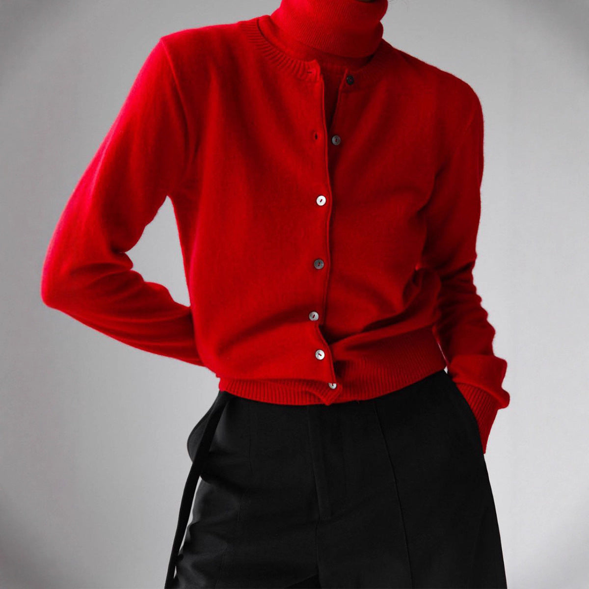 Sleeveless Turtleneck Knit Top & Cardigan Twin Set in Red — set on model