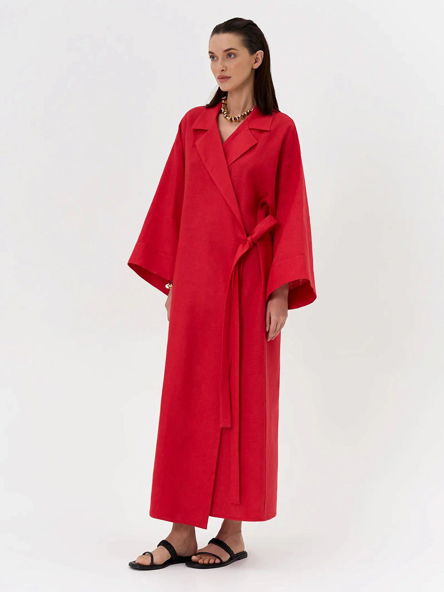 Linen-Blend Long Wrap Duster Dress in Cherry Red — front view on model, studio