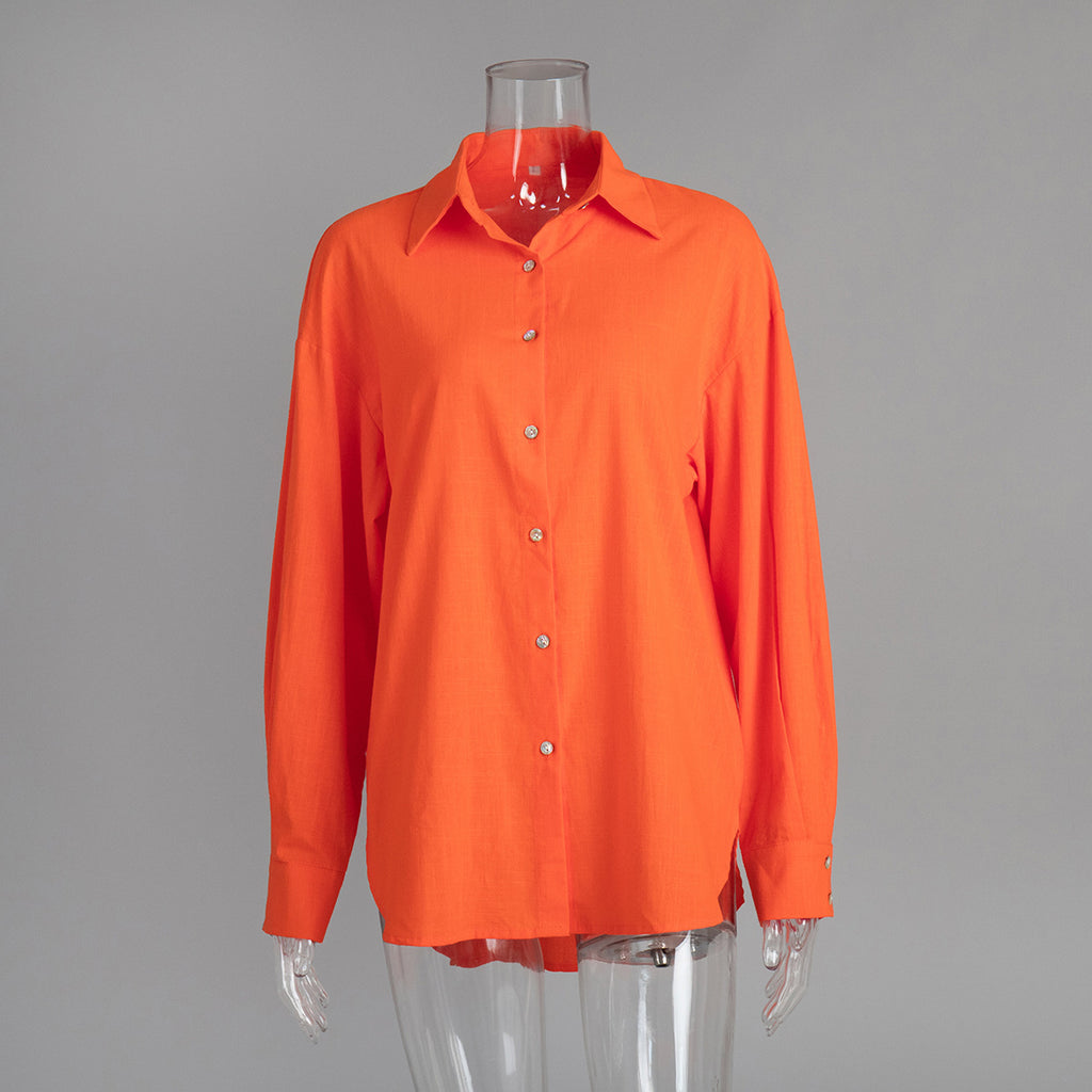 Relaxed Cotton Button-Down Shirt in Tangerine — front view