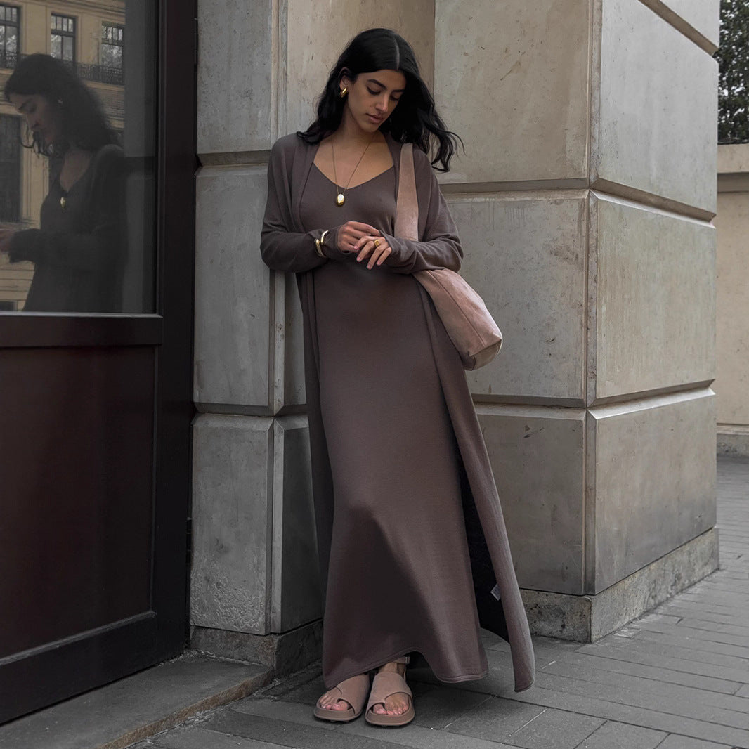 Long Belted Knit Cardigan & Maxi Slip Dress Set in Mocha — set worn on model