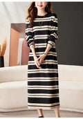 Striped Long-Sleeve Knit Maxi Dress in Black & Cream — on model