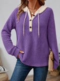 Contrast Hood Ribbed Henley Sweater in Purple — front view on model