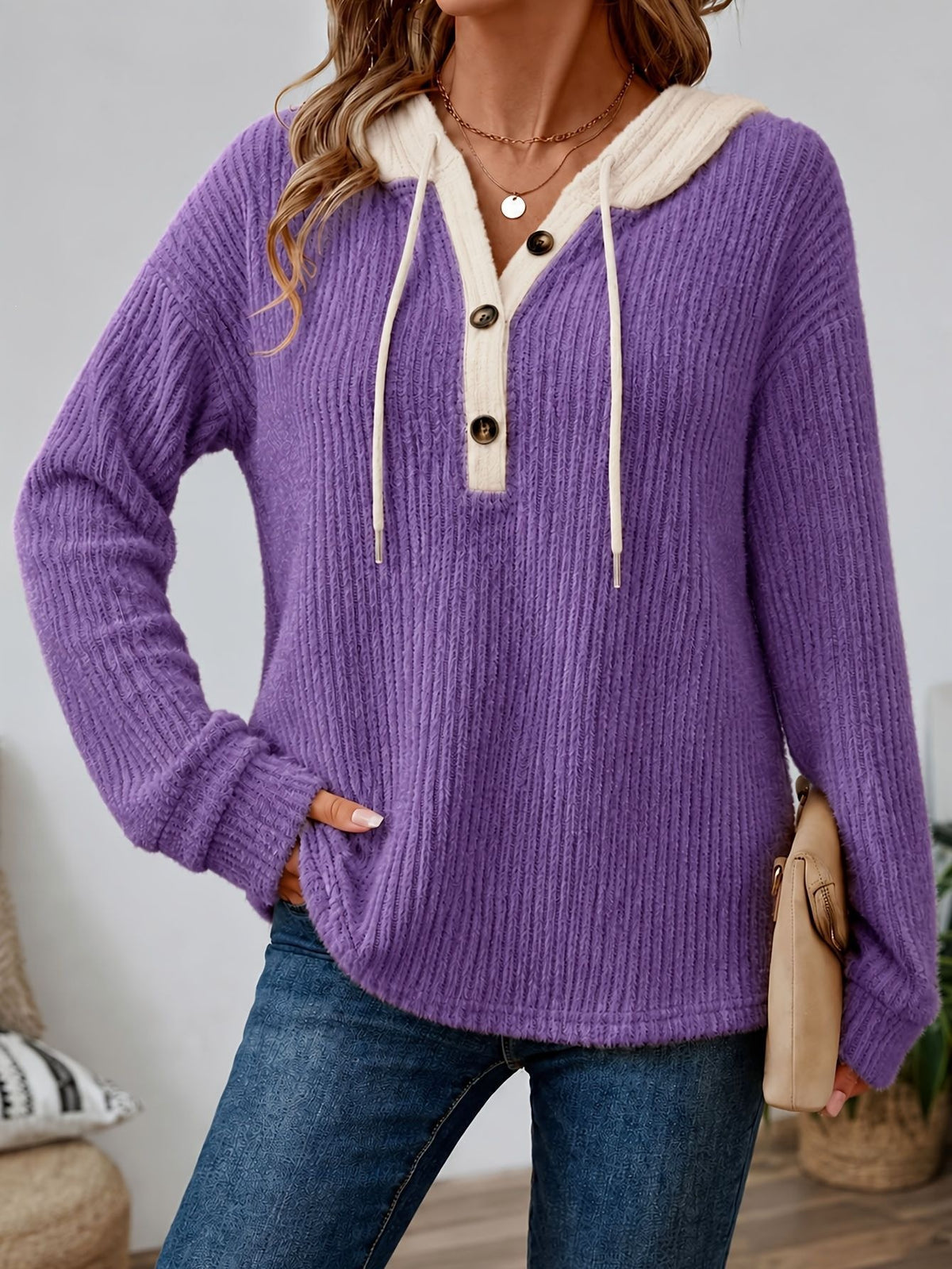 Contrast Hood Ribbed Henley Sweater in Purple — front view on model