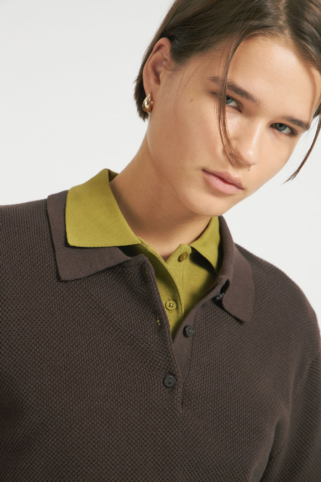 Relaxed Polo Collar Knit Sweater in Chocolate — close view of the polo collar