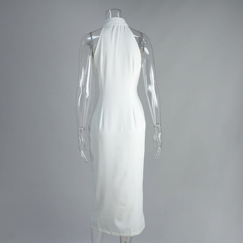 Sleeveless Button-Front Collared Maxi Dress in White — back view on mannequin