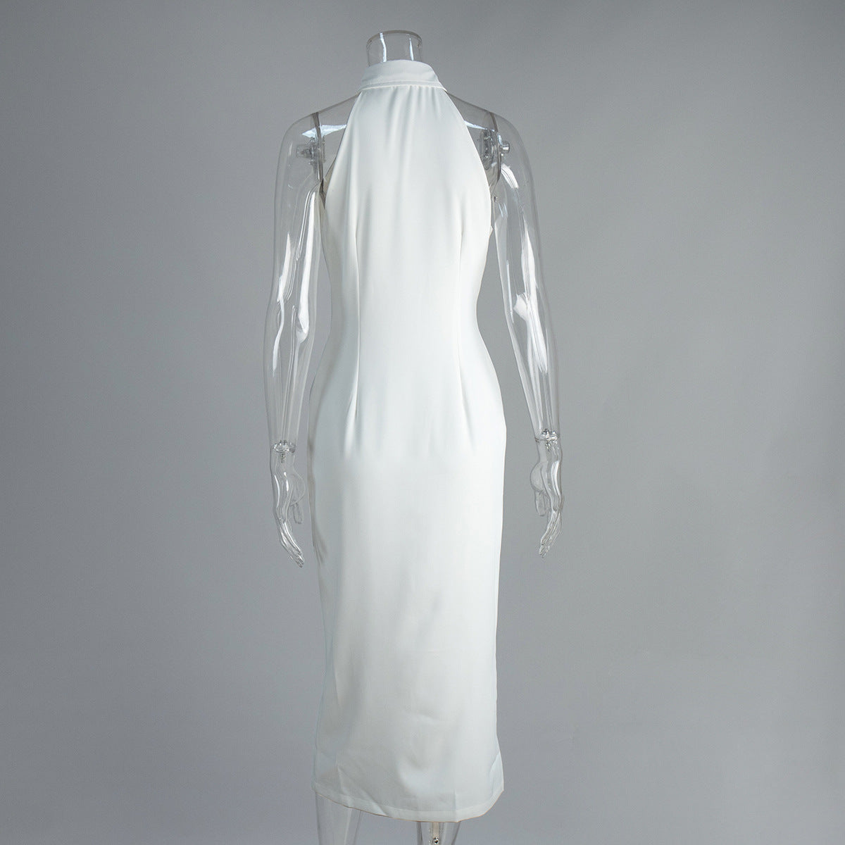 Sleeveless Button-Front Collared Maxi Dress in White — back view on mannequin