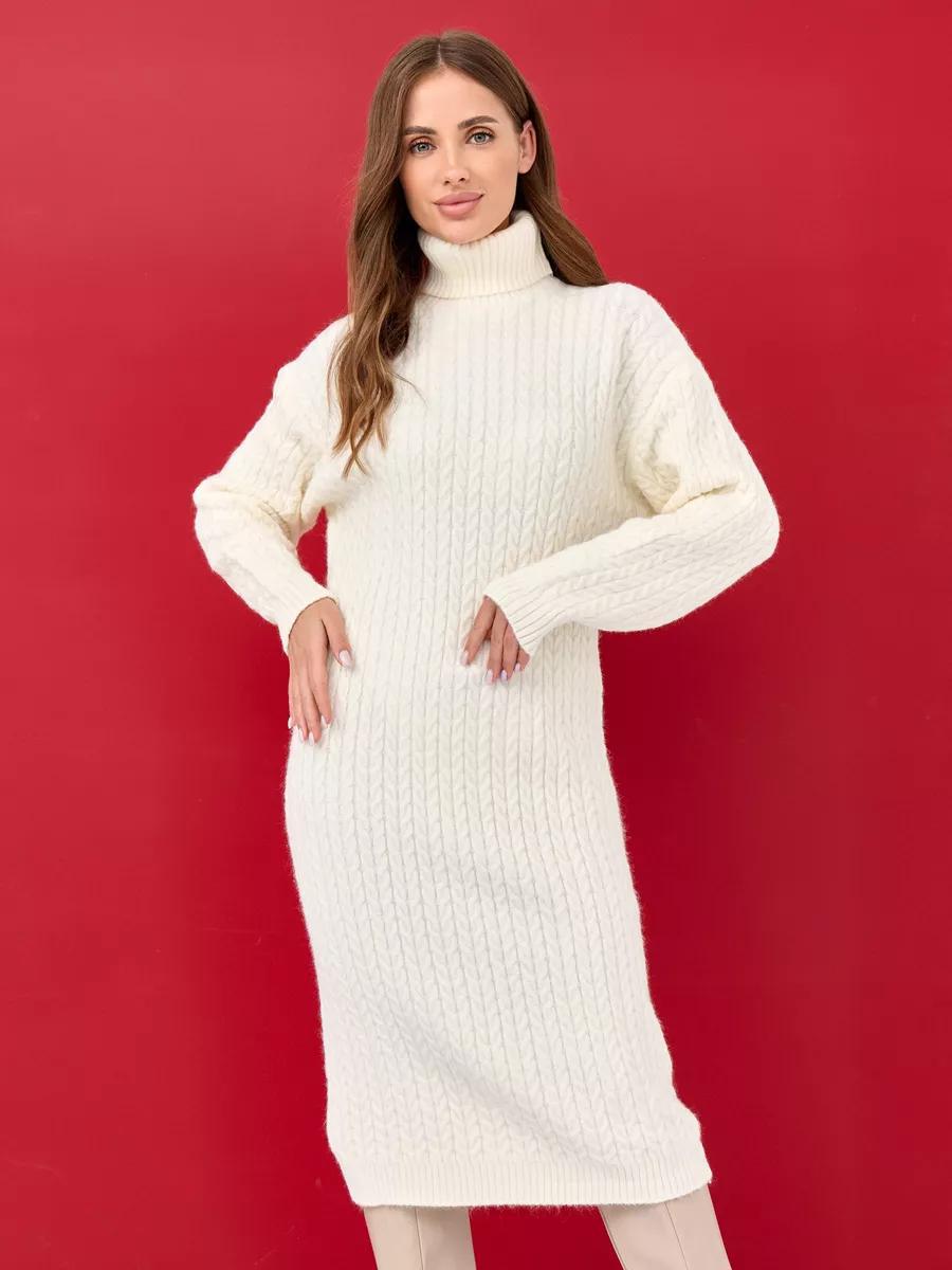 Turtleneck Cable-Knit Midi Sweater Dress in Ivory — full-length view on model