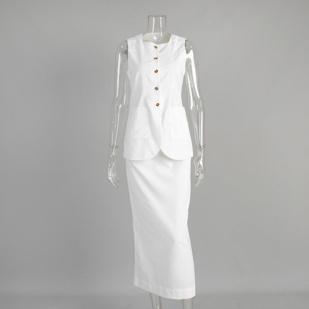 Linen-Blend Vest & Column Maxi Skirt Set in White — front view on mannequin