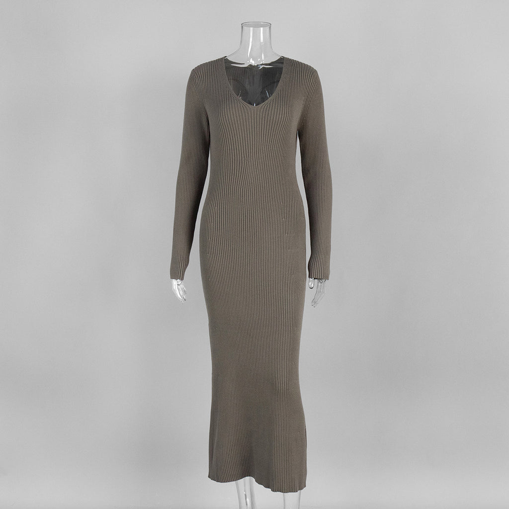 Ribbed Knit V-Neck Long Sleeve Maxi Dress in Taupe — front view