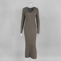 Ribbed Knit V-Neck Long Sleeve Maxi Dress in Taupe — front view