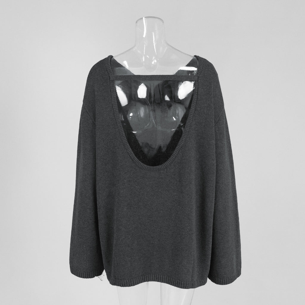 Oversized Open-Back Cotton Knit Sweater in Charcoal — back view
