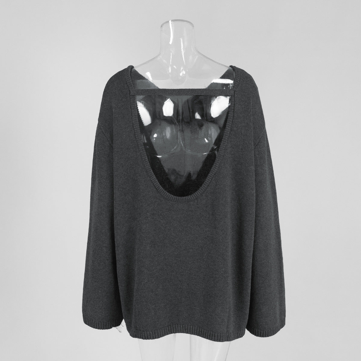 Oversized Open-Back Cotton Knit Sweater in Charcoal — back view