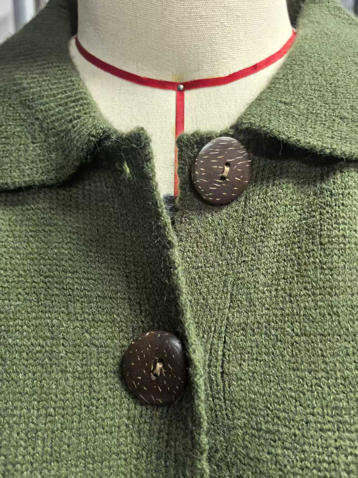 Collared Button-Front Knit Cardigan in Olive — close-up of the collar