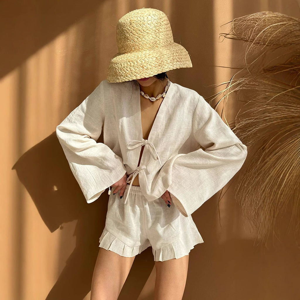 Cotton Tie-Front Top & Ruffle Shorts Set in White — full-length front view on model with straw hat