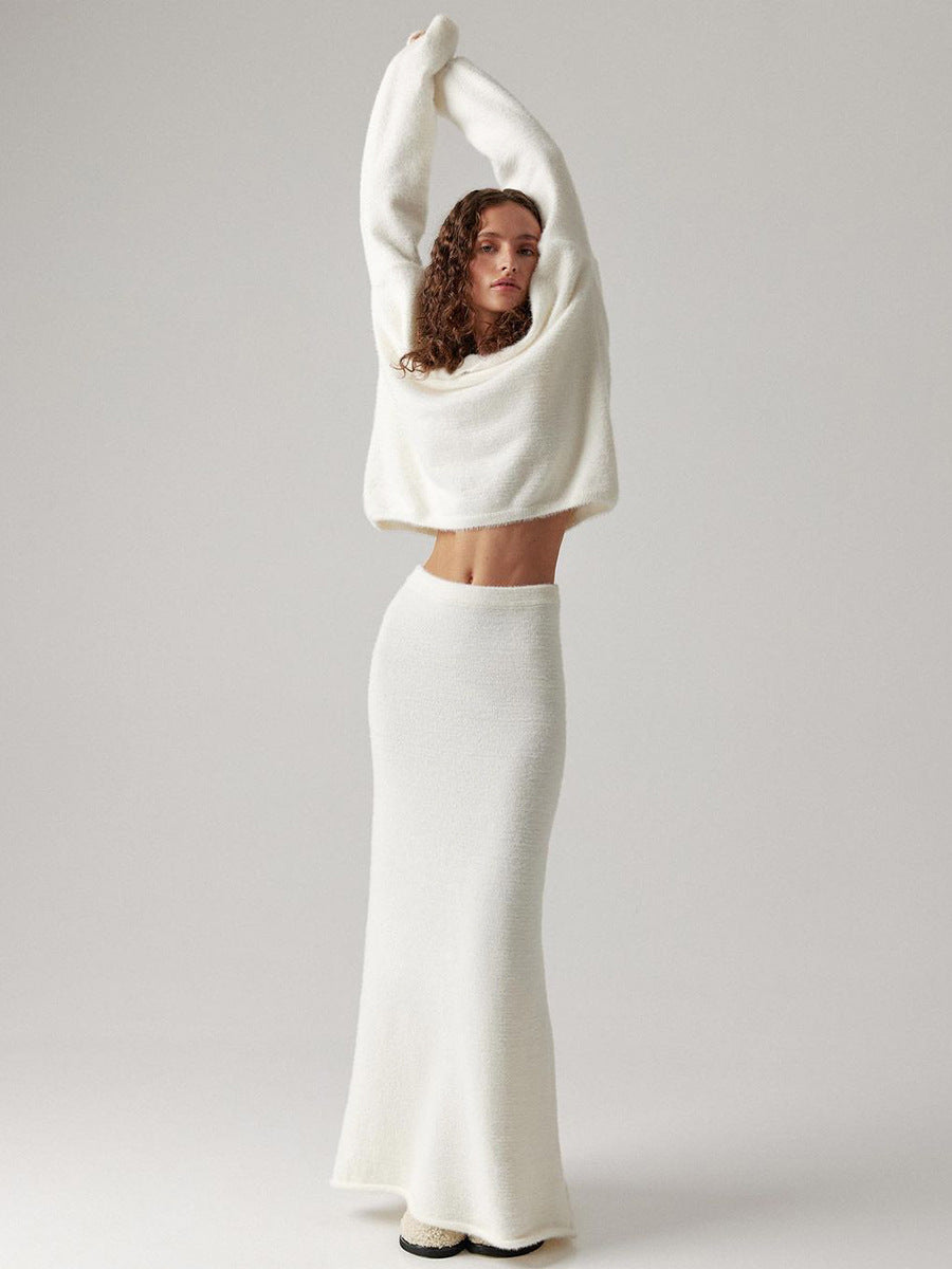 Soft Fuzzy V-Neck Sweater & Knit Maxi Skirt Set in Ivory — full-length view on model