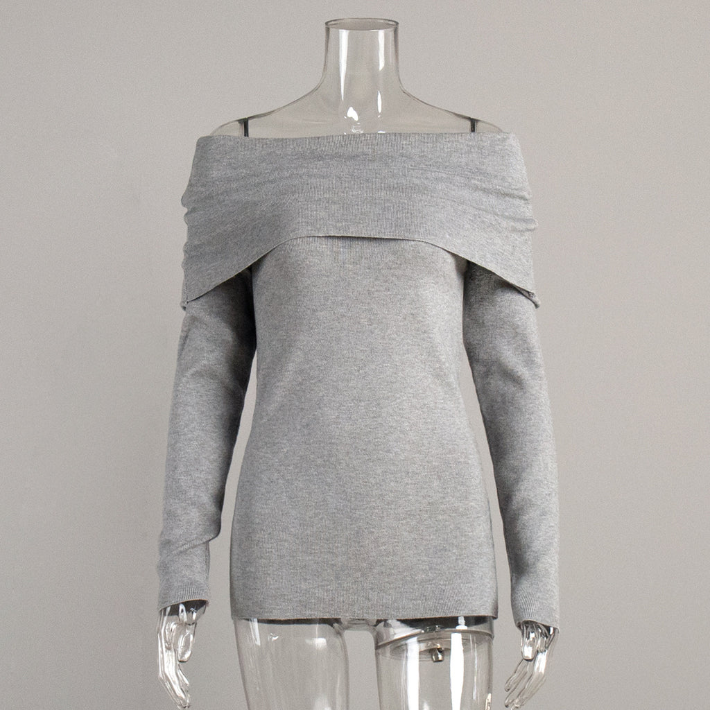 Off-Shoulder Fold-Over Knit Sweater in Heather Gray — front view