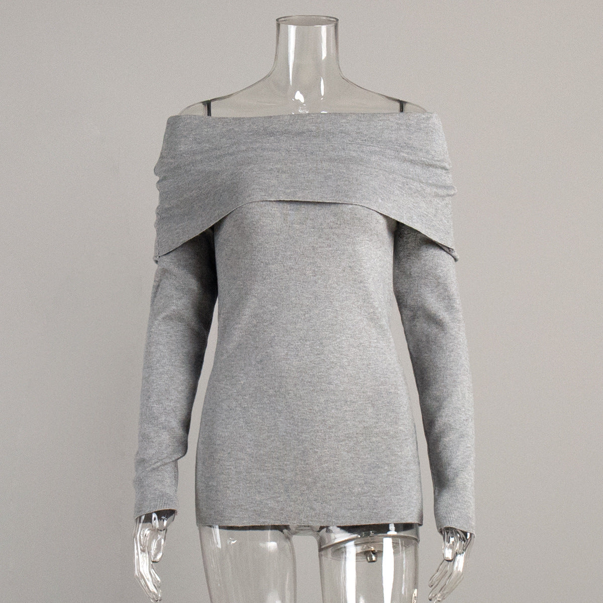 Off-Shoulder Fold-Over Knit Sweater in Heather Gray — front view