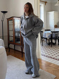 Half-Zip Polo Knit Sweater & Wide-Leg Pants Set in Heather Gray — full-length view on model